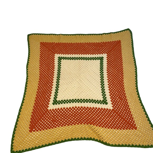 Vintage Handmade Crochet Square Afghan. Green, Yellow, Orange, and Cream - Picture 2 of 5